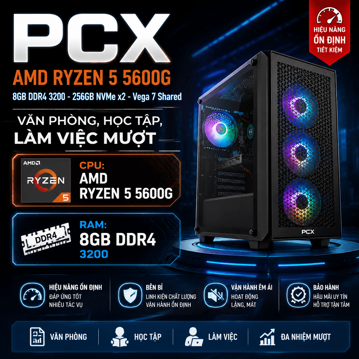 PCX AMD Ryzen 5 5600G - 8GB DDR4 - 256GB NVMe - 25 inch Full HD IPS 120Hz | Văn Phòng